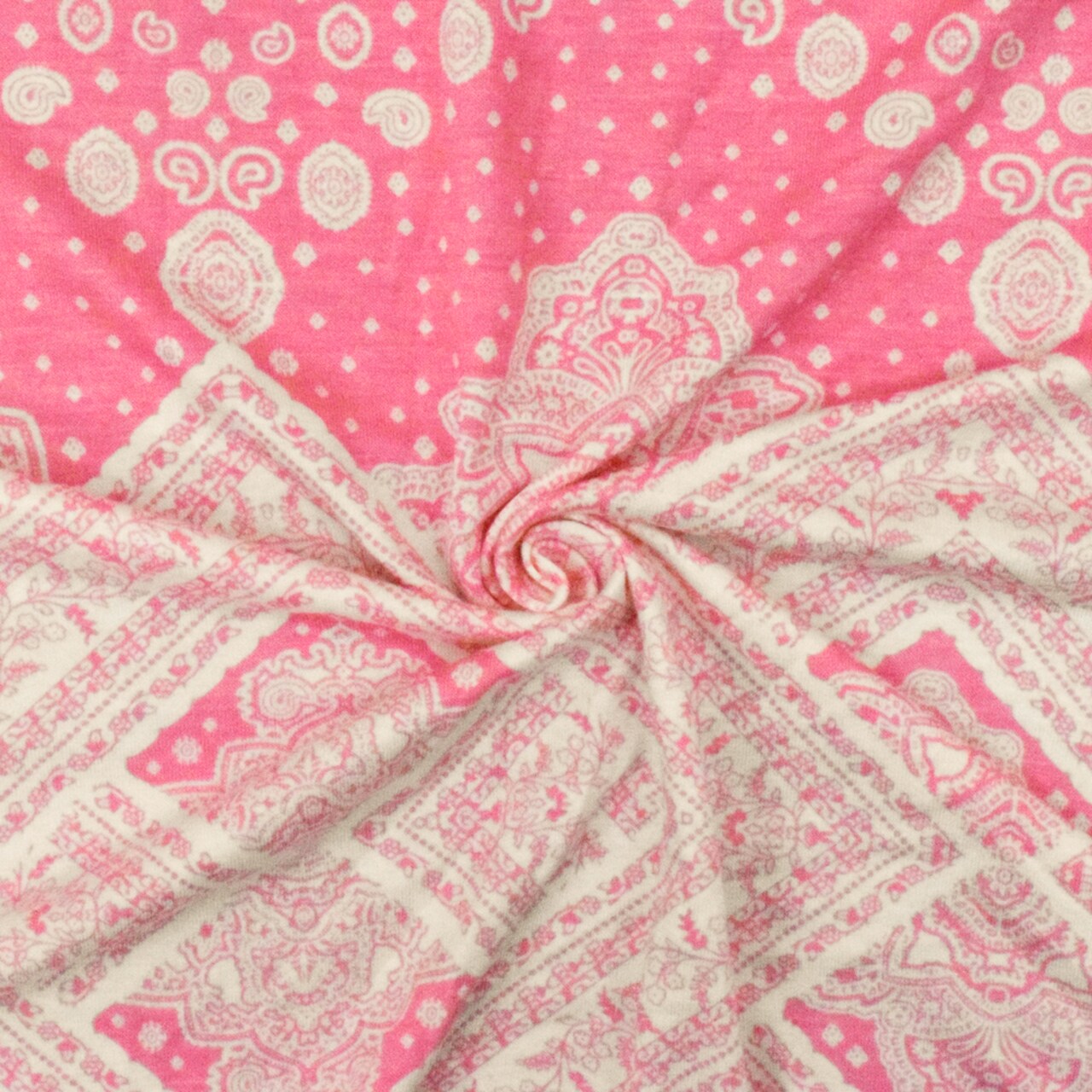 Geranium Pink-White Baroque Border Printed Stretch Rayon ITY Jersey Fabric By the Yard